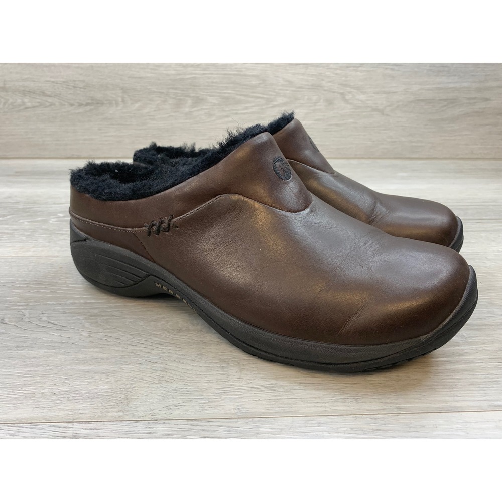 Merrell Encore Ice Smooth Bug Brown Leather Faux Fur Clogs Women's 10 Shoes